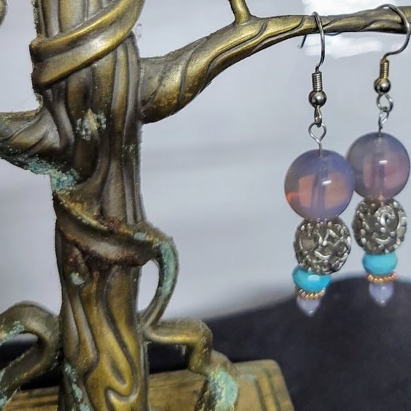 Handmade Sterling Silver, Turquoise, & Lavender Purple Drop Dangle Earrings - Picture 2 of 3
